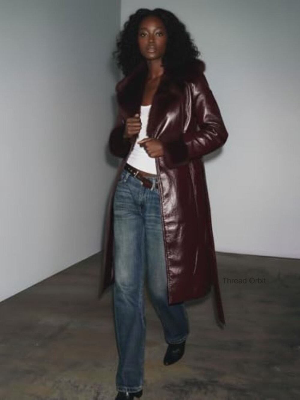 Faux Leather Coat with Faux Fur Collar, Long Sleeve Winter Coat with Belt - Picture 7 of 7